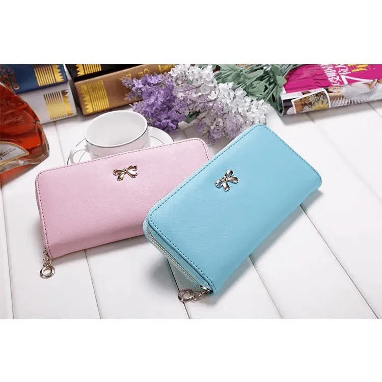 Elegant PU Leather Pink Bowknot Women Long Wallet Fashion Color Purse Phone Card Holder Women Trendy Large Capacity Long Purse Stevvex
