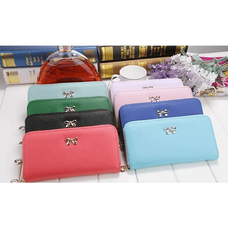 Elegant PU Leather Pink Bowknot Women Long Wallet Fashion Color Purse Phone Card Holder Women Trendy Large Capacity Long Purse Stevvex