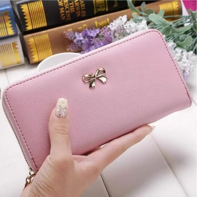 Elegant PU Leather Pink Bowknot Women Long Wallet Fashion Color Purse Phone Card Holder Women Trendy Large Capacity Long Purse Stevvex