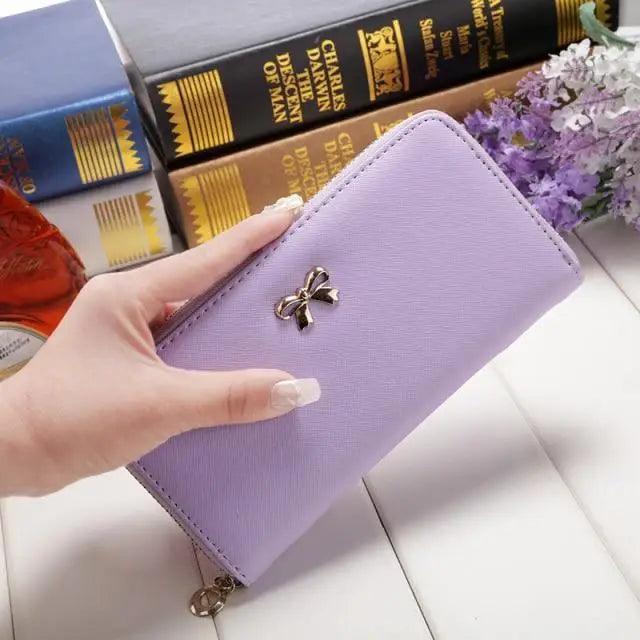 Elegant PU Leather Pink Bowknot Women Long Wallet Fashion Color Purse Phone Card Holder Women Trendy Large Capacity Long Purse Stevvex