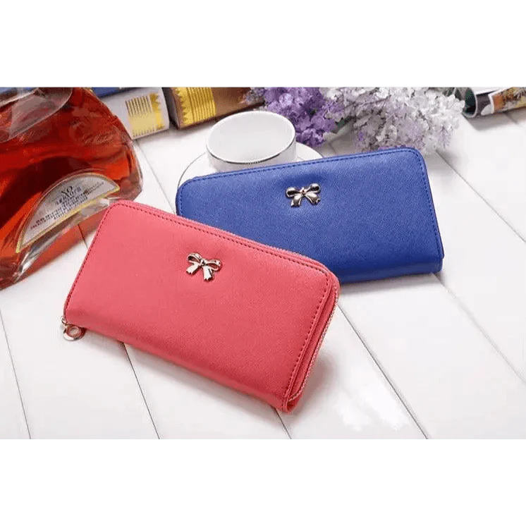 Elegant PU Leather Pink Bowknot Women Long Wallet Fashion Color Purse Phone Card Holder Women Trendy Large Capacity Long Purse Stevvex
