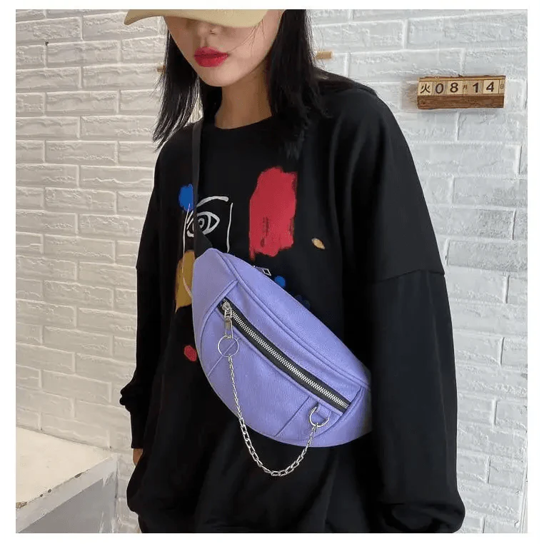 Elegant Purple Ladies Chain Waist Bag Canvas Fanny Pack Luxury Outdoor Chest Bag Phone Purse For Everyday Use Stevvex