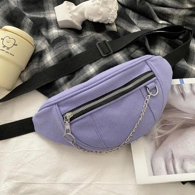 Elegant Purple Ladies Chain Waist Bag Canvas Fanny Pack Luxury Outdoor Chest Bag Phone Purse For Everyday Use Stevvex