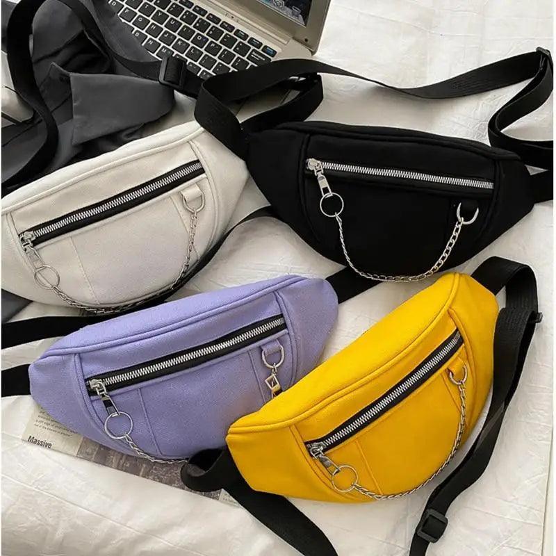 Elegant Purple Ladies Chain Waist Bag Canvas Fanny Pack Luxury Outdoor Chest Bag Phone Purse For Everyday Use Stevvex