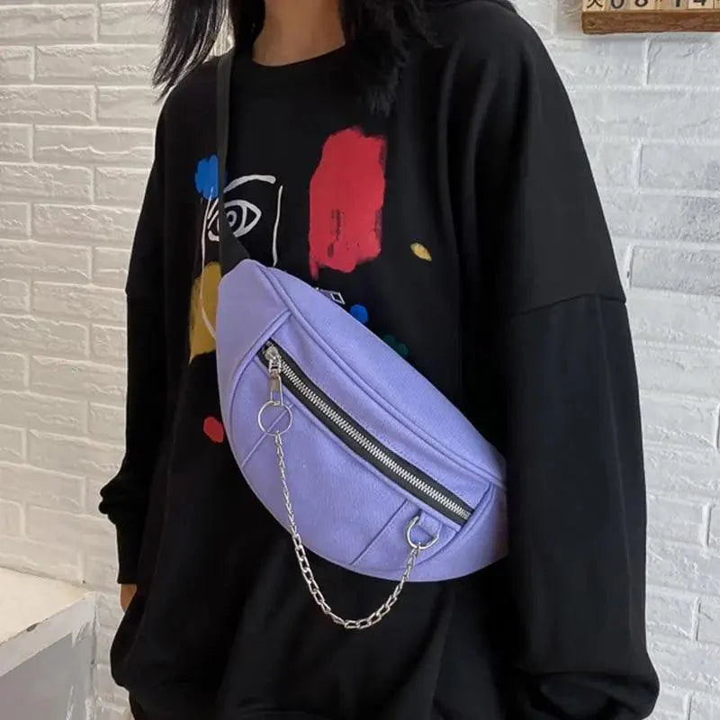 Elegant Purple Ladies Chain Waist Bag Canvas Fanny Pack Luxury Outdoor Chest Bag Phone Purse For Everyday Use Stevvex