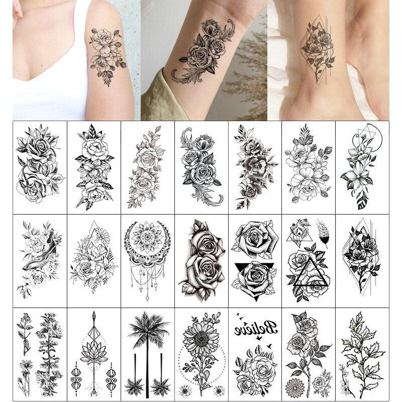 Elegant Sketches Black Flowers Body Tattoo Waterproof Temporary 3D Flowers Luxury Design For Womens Stevvex