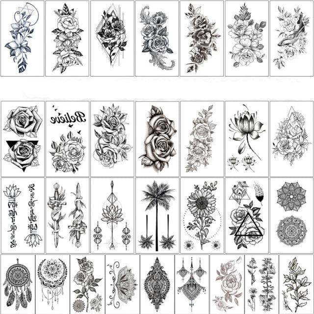 Elegant Sketches Black Flowers Body Tattoo Waterproof Temporary 3D Flowers Luxury Design For Womens Stevvex