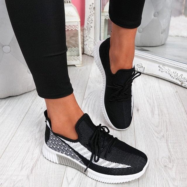 Elegant Sport Women's Vulcanized Female Lace Up Mesh Sneakers Round Toe Casual Walking Shoes Mesh Flat Anti-slip Women Breathable Mesh Fashion Sneakers Stevvex