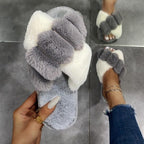 Elegant Warm Fluffy Slippers Women Faux Fur Indoor Floor Slides Flat Soft Furry Shoes Non Slip House Soft Plush Cozy House Shoes Furry Open Toe Indoor Outdoor Slip On Warm Winter Shoes