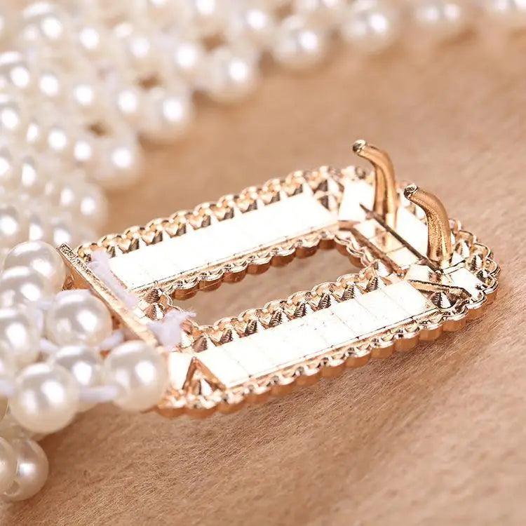 Elegant White Pearl Elastic Buckle Belt For Women Luxurious Strap Pearls Waistband Fashionable Design Stevvex