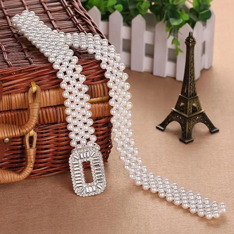 Elegant White Pearl Elastic Buckle Belt For Women Luxurious Strap Pearls Waistband Fashionable Design Stevvex