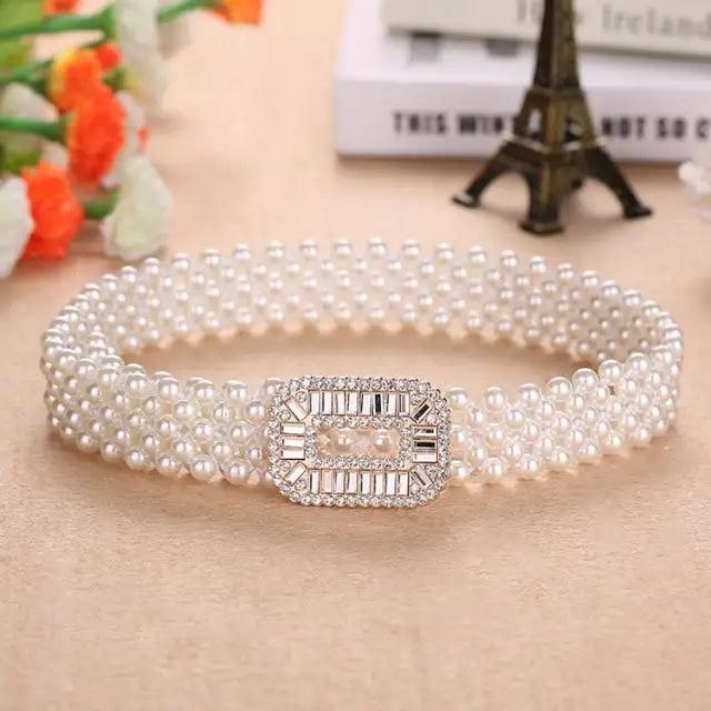 Elegant White Pearl Elastic Buckle Belt For Women Luxurious Strap Pearls Waistband Fashionable Design Stevvex