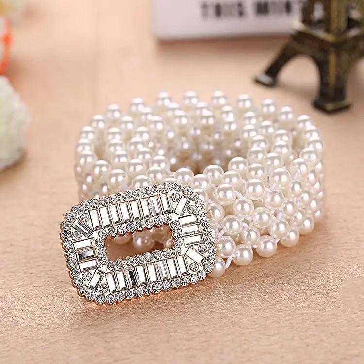 Elegant White Pearl Elastic Buckle Belt For Women Luxurious Strap Pearls Waistband Fashionable Design Stevvex