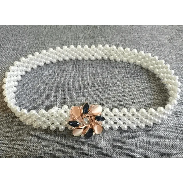 Elegant White Pearl Elastic Buckle Belt For Women Luxurious Strap Pearls Waistband Fashionable Design Stevvex