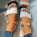 Elegant White Women Fashion Sandals Solid Round Toe Pearl Buckle Casual Sandals Shoes New Summer Outdoor Non-slip Flip Flop Dressy Sandals Cute Round Toe Strappy Wedding Shoes