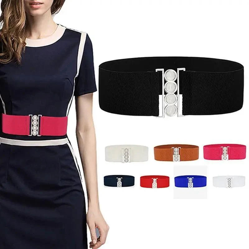Elegant Wide Fabric Strap  Silver Metal Buckle Belts For Women Trendy Women's Fashion Stretchable Classic Color Belts Stevvex