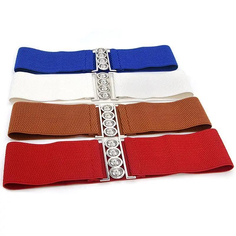 Elegant Wide Fabric Strap  Silver Metal Buckle Belts For Women Trendy Women's Fashion Stretchable Classic Color Belts Stevvex