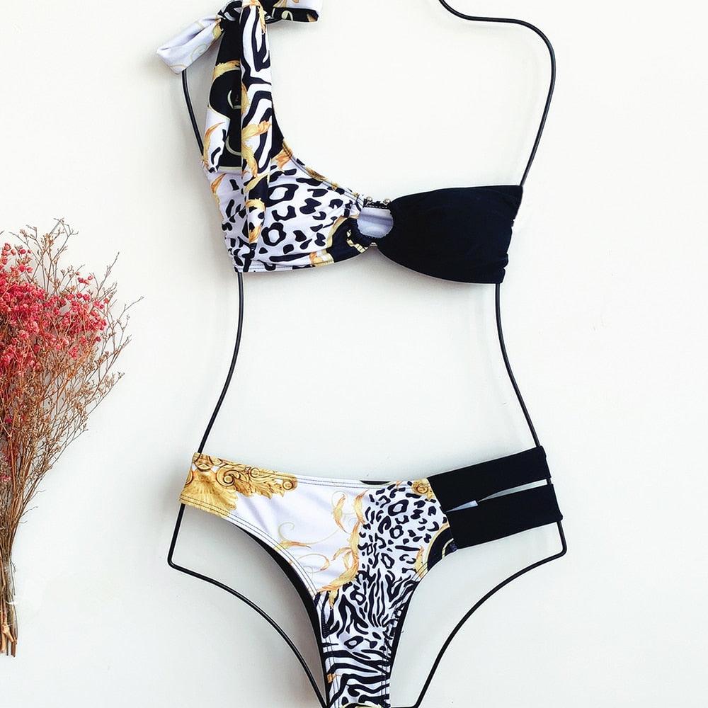 Elegant Women's One Shoulder Swimsuit Two Piece Swim Dress With Bikini Bottom Swim Bikini Bathing Suits New Print Stitching Bikini Swimming Fashion Swimwear For Spring Beach Surf Stevvex