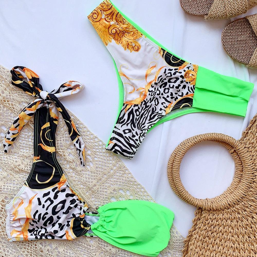 Elegant Women's One Shoulder Swimsuit Two Piece Swim Dress With Bikini Bottom Swim Bikini Bathing Suits New Print Stitching Bikini Swimming Fashion Swimwear For Spring Beach Surf Stevvex