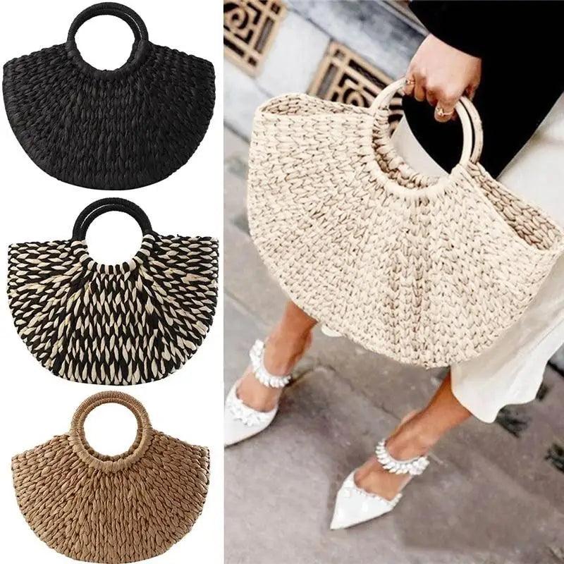 Elehant Women's Woven Wicker Straw Half Round Bag Trendy Large Capacity Female Casual Travel Bag Stevvex