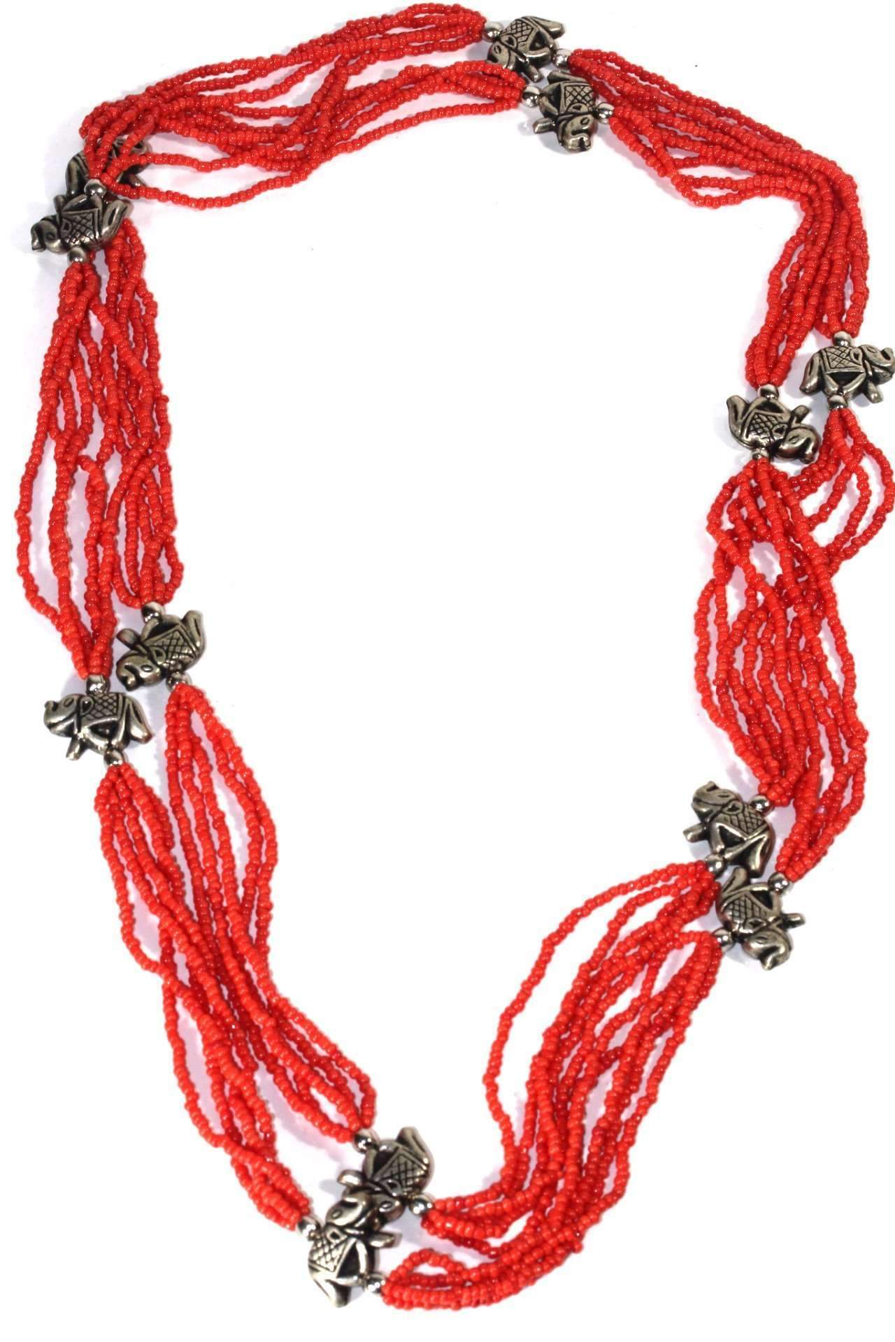 Elephant Charm Necklace Red Beaded Multi Strand Layered