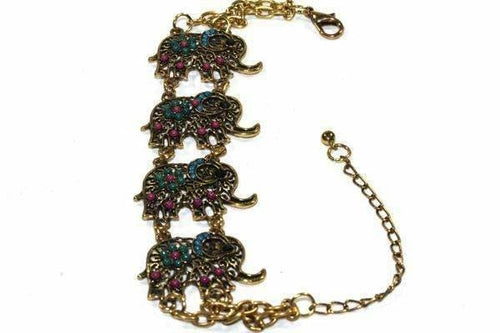 Colorful Bead Elephant Bracelet Gold Tone Antique Charm