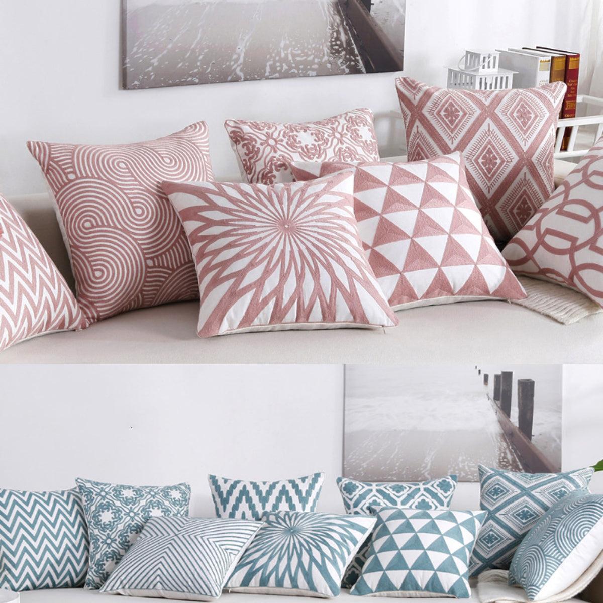 Embroidered Geometric Pillow Cover 100% Cotton Woolen Cushion Cover Modern Nordic Style Pink Blue Pillow Cover For Home Decor Embroidery Cushion Cover Decorative Throw Pillow Cover Geometric Invisible Pillow Cover for Living Room 45X45CM Stevvex
