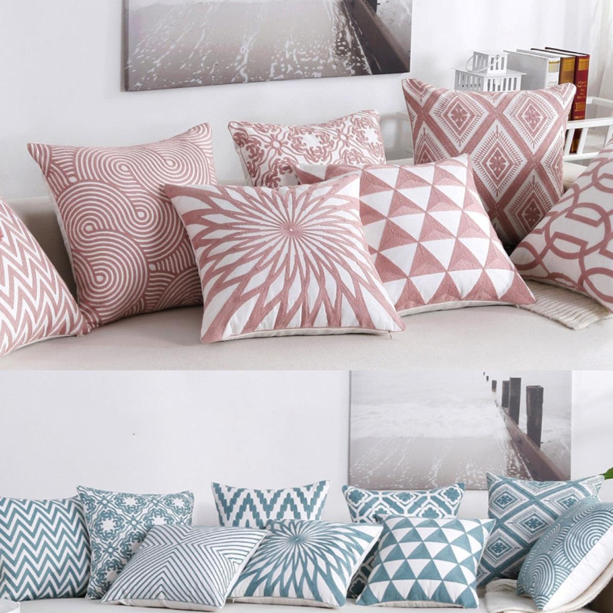 Embroidered Geometric Pillow Cover 100% Cotton Woolen Cushion Cover Modern Nordic Style Pink Blue Pillow Cover For Home Decor Embroidery Cushion Cover Decorative Throw Pillow Cover Geometric Invisible Pillow Cover for Living Room 45X45CM Stevvex