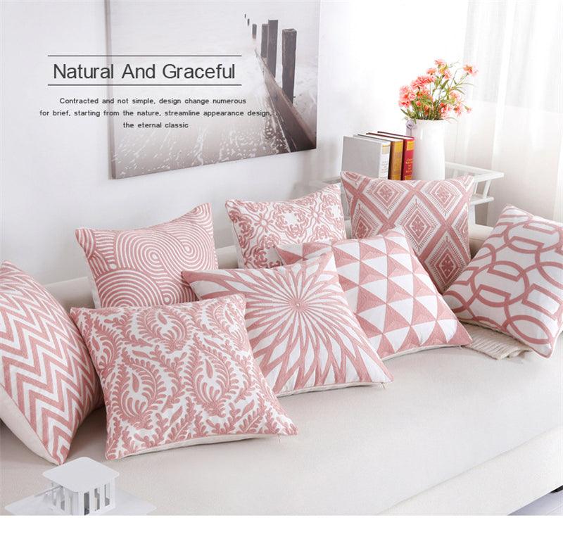 Embroidered Geometric Pillow Cover 100% Cotton Woolen Cushion Cover Modern Nordic Style Pink Blue Pillow Cover For Home Decor Embroidery Cushion Cover Decorative Throw Pillow Cover Geometric Invisible Pillow Cover for Living Room 45X45CM Stevvex
