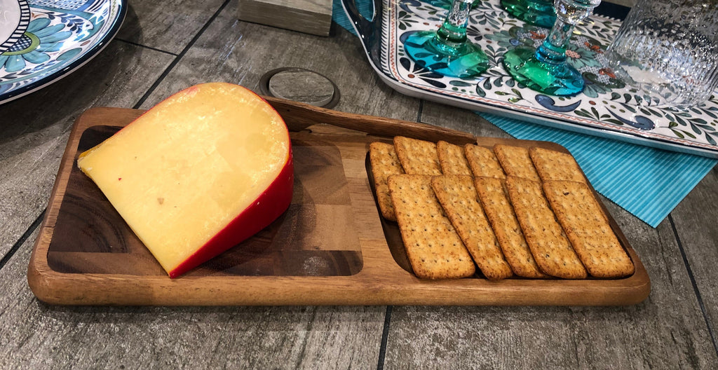 End Grain Cheese Board With Acacia Knife, Grooved Double Section Serving Board BandsCo Straps