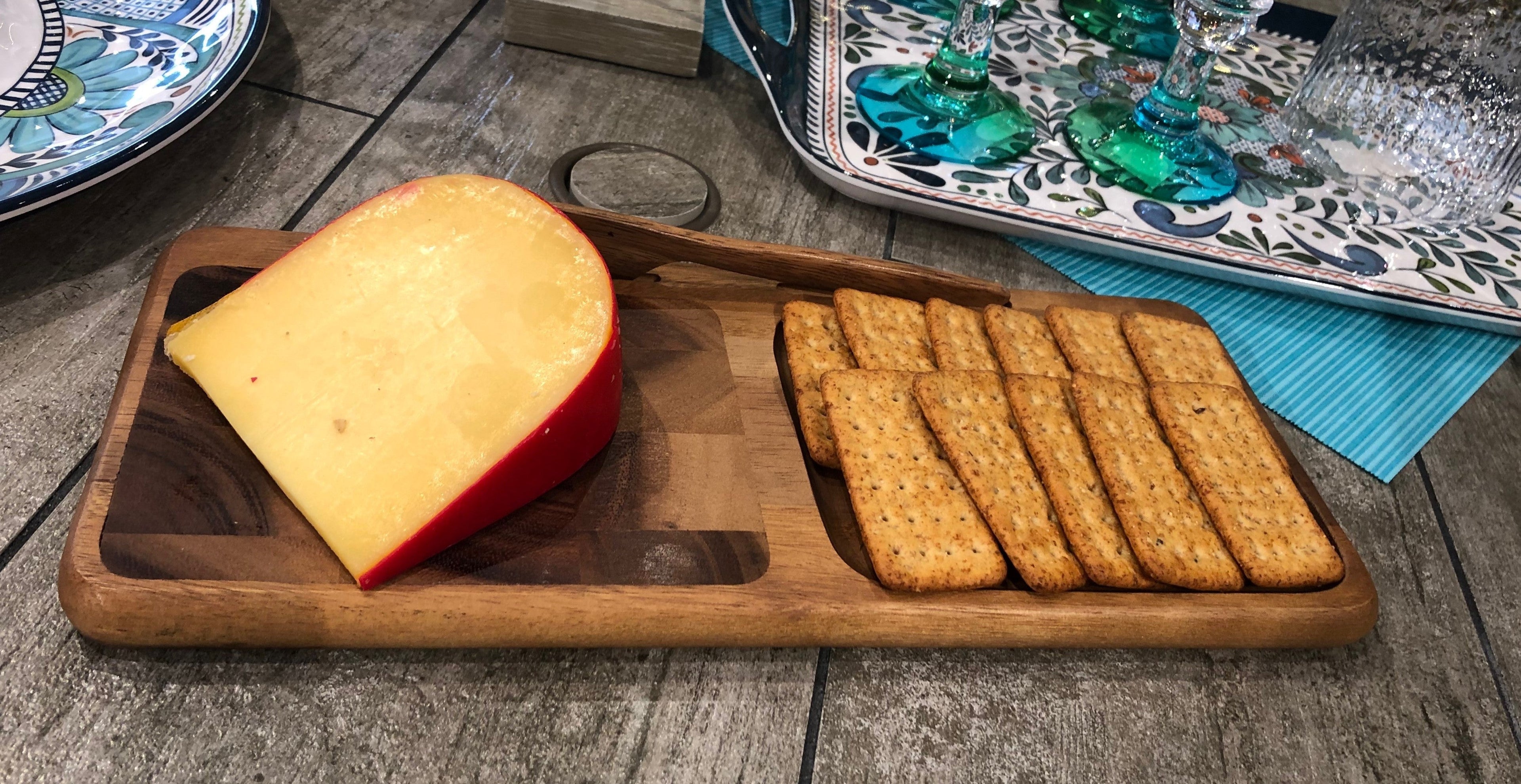 End Grain Cheese Board With Acacia Knife, Grooved Double Section Serving Board BandsCo Straps