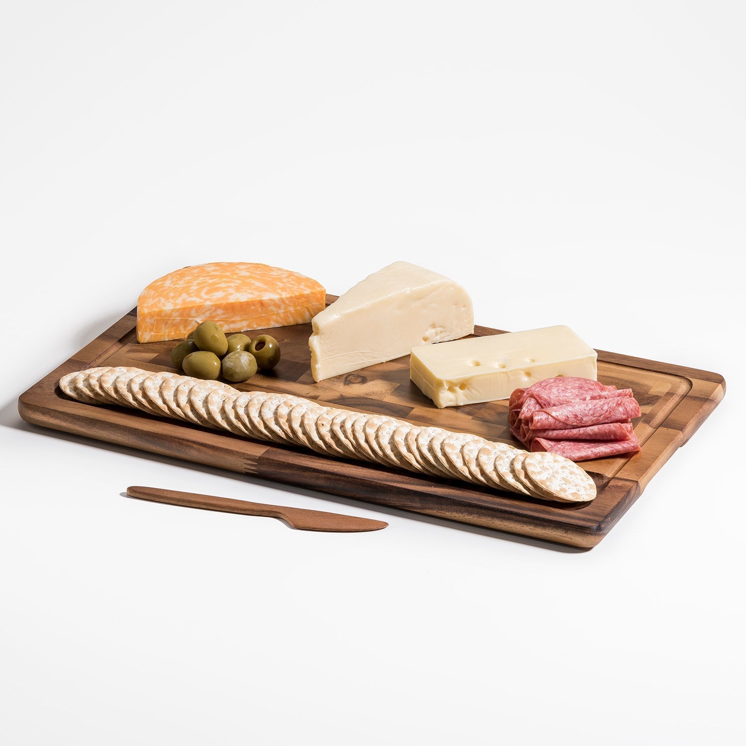 End Grain Large Cheeseboard With Acacia Knife Charcuterie Serving Platter BandsCo Straps