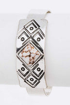 Engraved Aztec Stone Open Cuff Bracelet Boho Tribal
