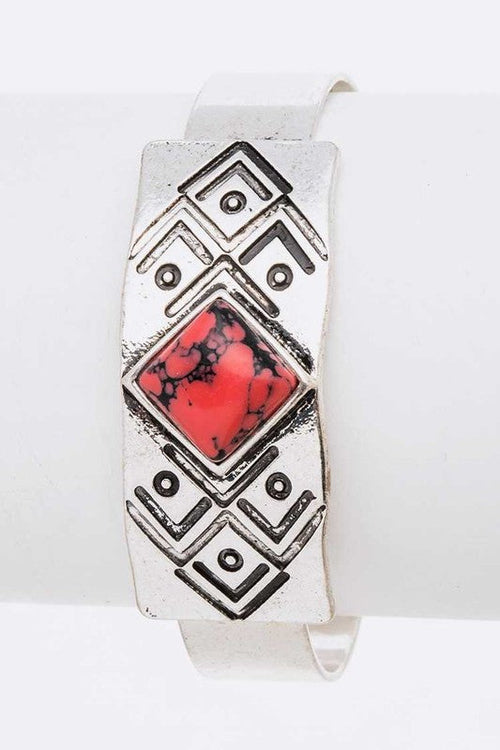 Engraved Aztec Stone Open Cuff Bracelet Boho Tribal