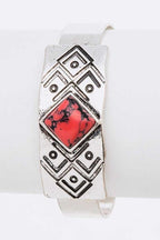 Engraved Aztec Stone Open Cuff Bracelet Boho Tribal