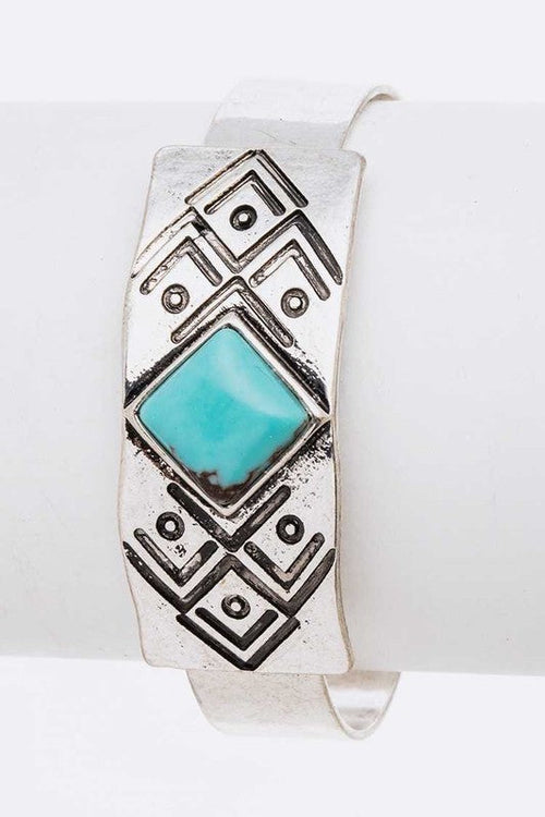 Engraved Aztec Stone Open Cuff Bracelet Boho Tribal