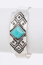 Engraved Aztec Stone Open Cuff Bracelet Boho Tribal