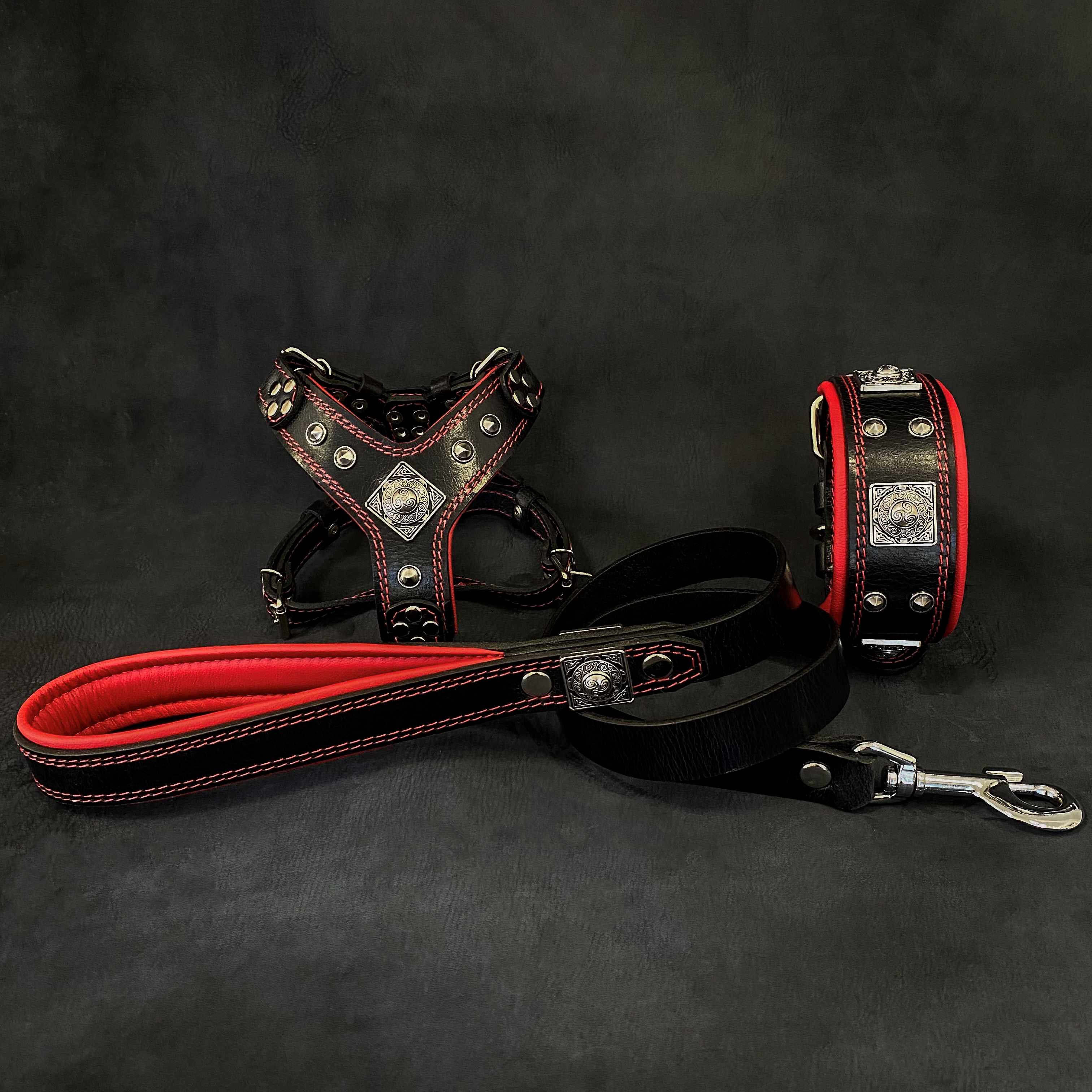 "EROS" Small to Medium dog SET - Harness - collar - lead Black&Red - SJB-DIAMOND ELITES