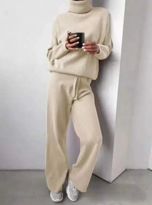Casual Fashion Suits For Women Turtleneck Sweater And Drawstring Straight Pants Pi-Mart
