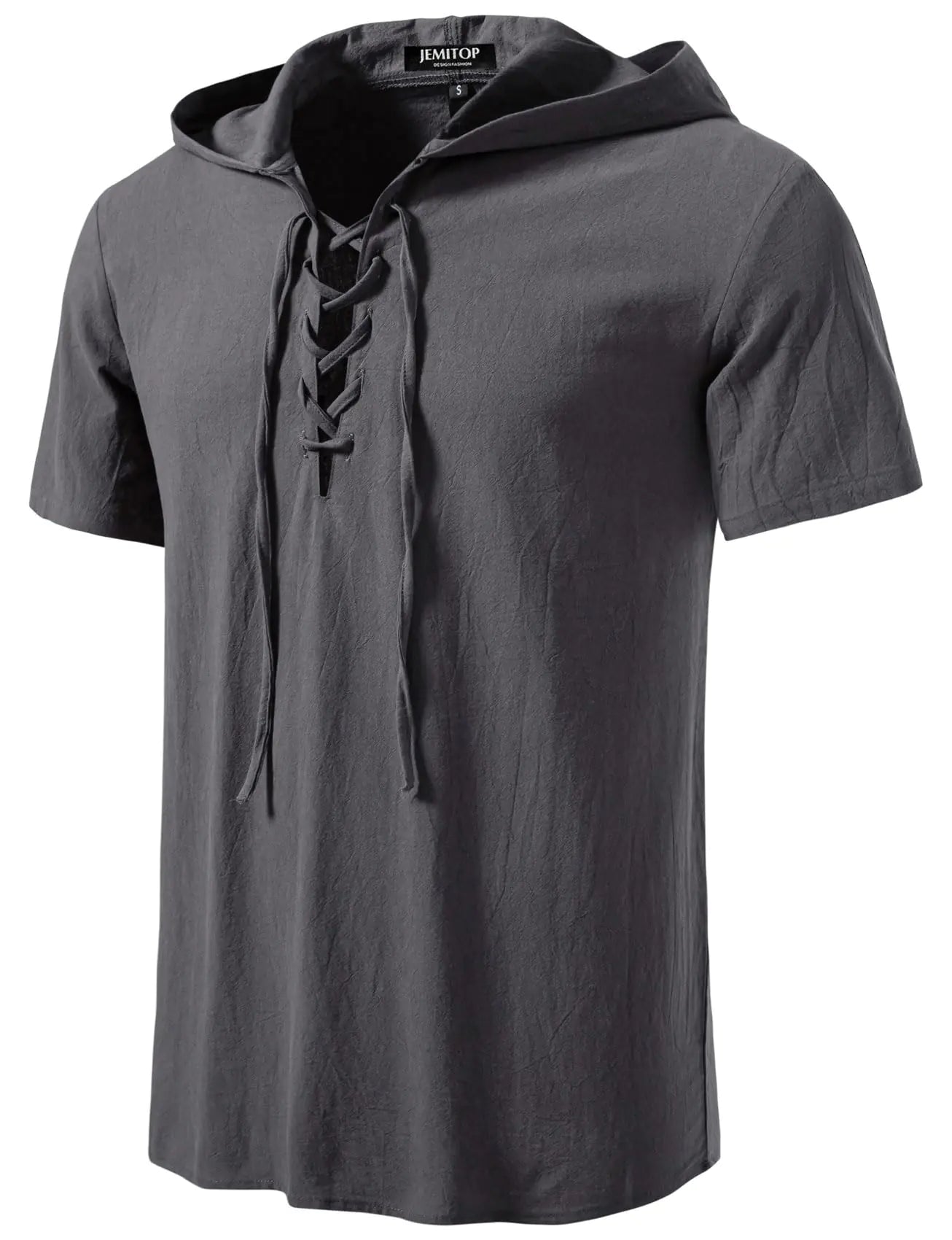 JEMITOP Mens Vintage Renaissance Costume Hooded Short Sleeve Lace up Shirts for Pirate Viking Medieval Vampire Halloween Cosplay Clothing Grey L Lootquake LLC