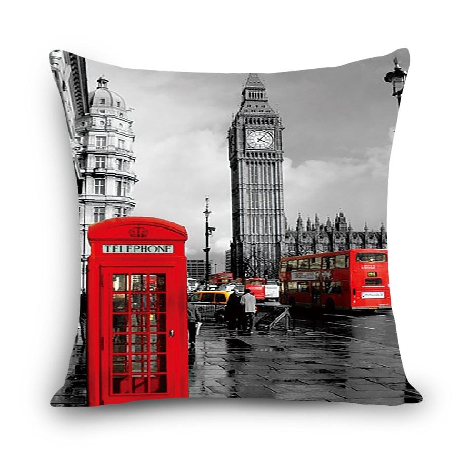 European Style Throw Pillow Covers Red London Street Bus Telephone Booth Big Ben Square Cushion Covers For Home Bed Sofa Throw Pillow Covers Red Bus and Telephone Booth Design Cushion Case Cotton Linen Home Sofa Decor 45X45CM Stevvex
