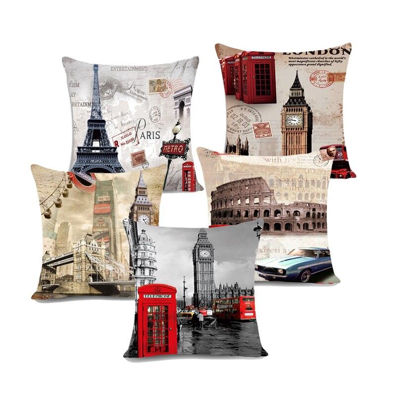 European Style Throw Pillow Covers Red London Street Bus Telephone Booth Big Ben Square Cushion Covers For Home Bed Sofa Throw Pillow Covers Red Bus and Telephone Booth Design Cushion Case Cotton Linen Home Sofa Decor 45X45CM Stevvex