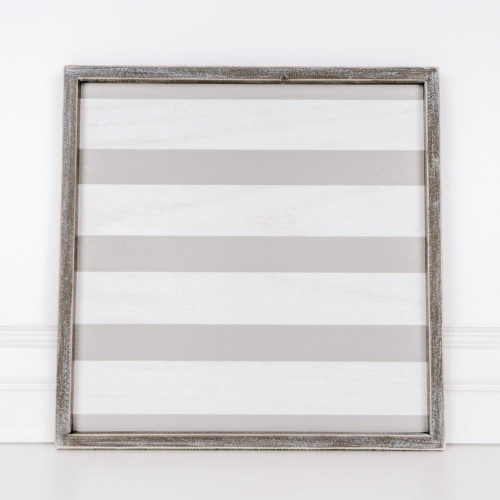 Gray White Striped Wooden Charger Tray 15x15x0.5 Inch Decorative Serving Tray Minimalist Home BandsCo Straps