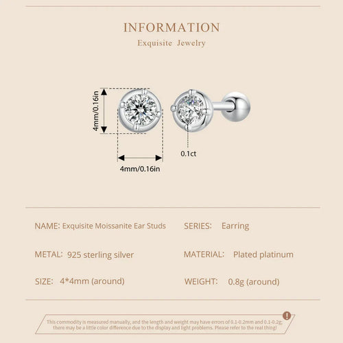 0.1 Ct Moissanite Stud Earrings 925 Sterling Silver Round Bridal Jewelry BandsCo Straps