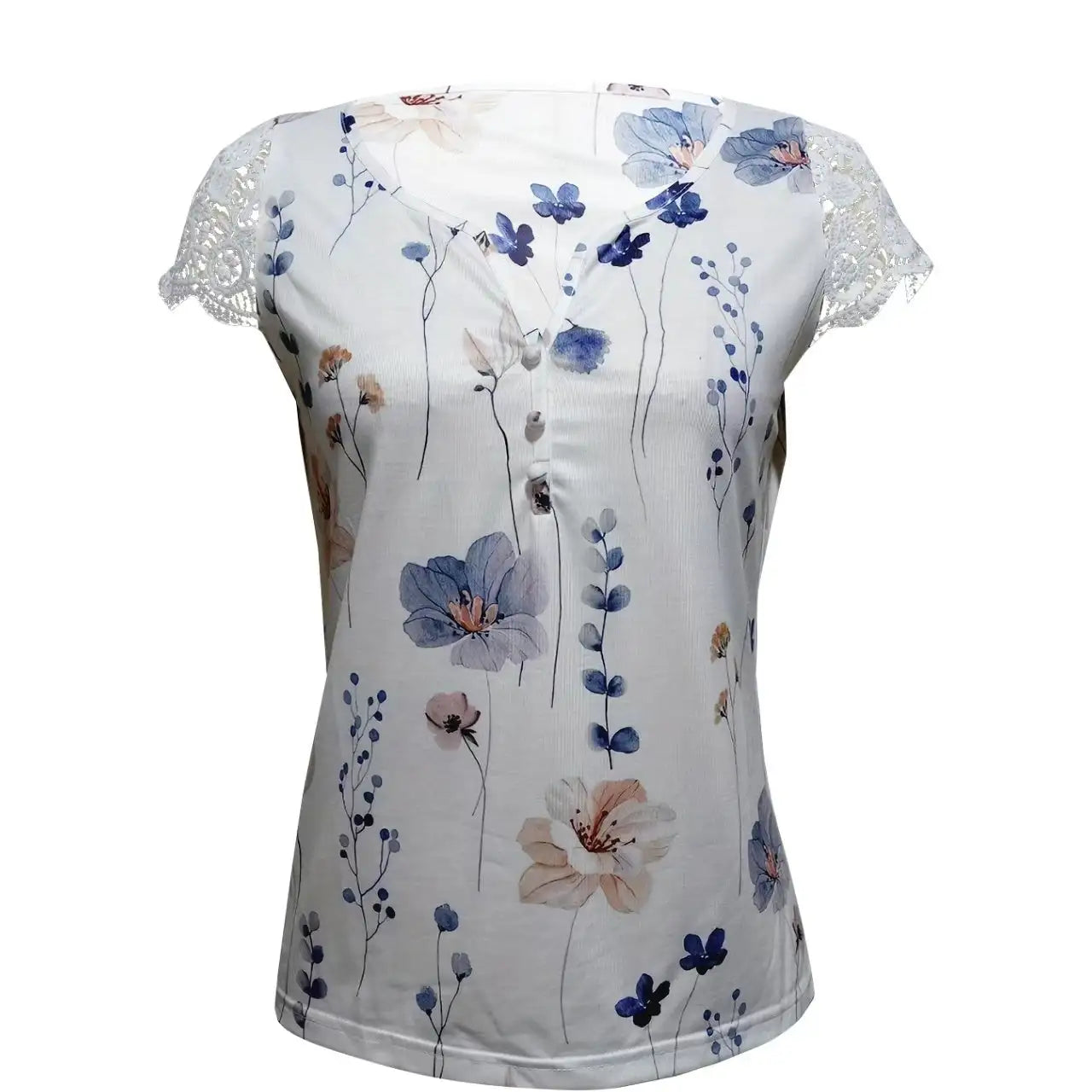 Ladies' Floral Print V-neck Button Casual Lace Patchwork Sleeve Fashionable Vacation Top Shirt - SJB-DIAMOND ELITES