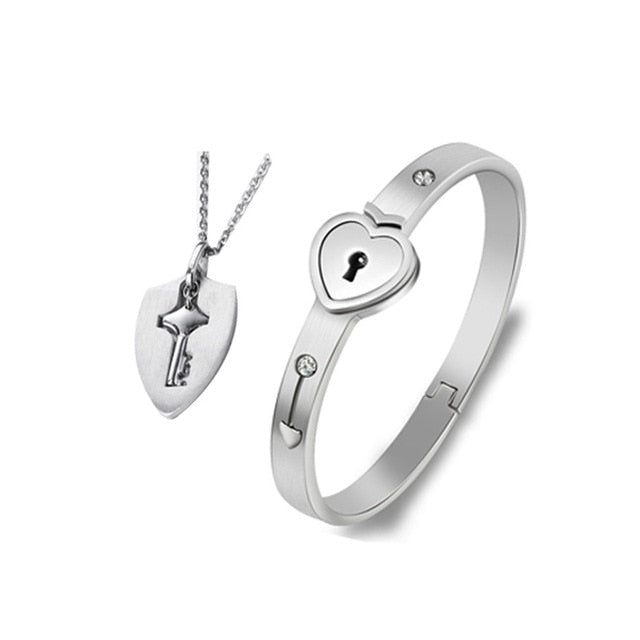 Stainless Steel Love Heart Lock Bangle Bracelet Pi-Mart