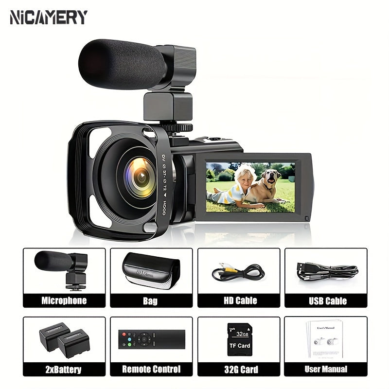 Nicamery 16x Efficient Zoom - 1080P HD Camera with Beauty Anti-Shake, External Microphone Support - Full HD 2400 Pixel Webcam Digital Camera with Remote Control, Lens Hood, 1000mah Batteries 2pcs, Ultra Long Life, 32G TF Card Lootquake LLC