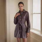 Belted Long-sleeve Leather Trench Fashionable Women's Coat Pi-Mart