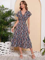 Women Summer Chiffon Floral Print Long Dress Short Sleeve Elegant V Neck Elastic Waist Holiday Beach Dress - SJB-DIAMOND ELITES