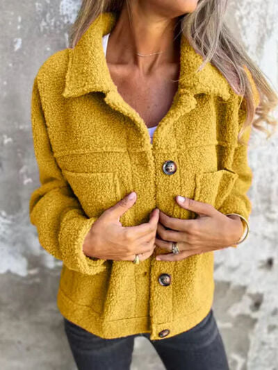 Comfortable Modern Women Full Size Fuzzy Button-Up Jacket with Drop Shoulder and Pockets Stevvex